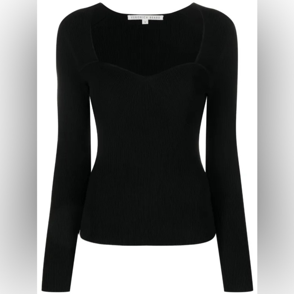 Veronica Beard Sweetheart Ribbed Knit Top Black Textured Long Sleeve - Picture 2 of 6